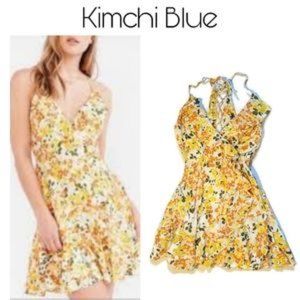 Kimchi Blue Faux Wrap Mini Yellow Floral Sundress